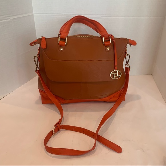 Orange handbag with a rust color body of bag and orange accent shoulder strap - Picture 2 of 16